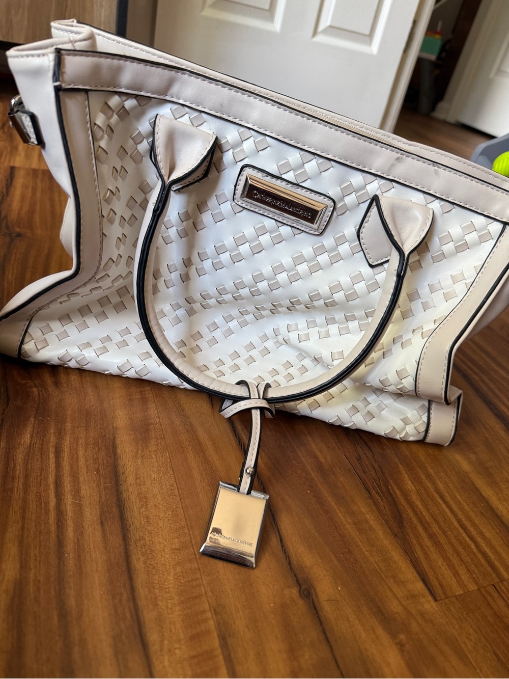 Catherine Malandrino White Woven Tote with Black Trim